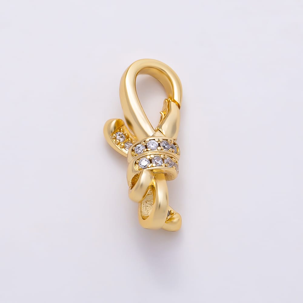 16K Gold Filled 19mm Micro Paved CZ Ribbon Knot Push Triggerless Lobster Clasps in Gold & Silver | Findings-00675 Findings-00676