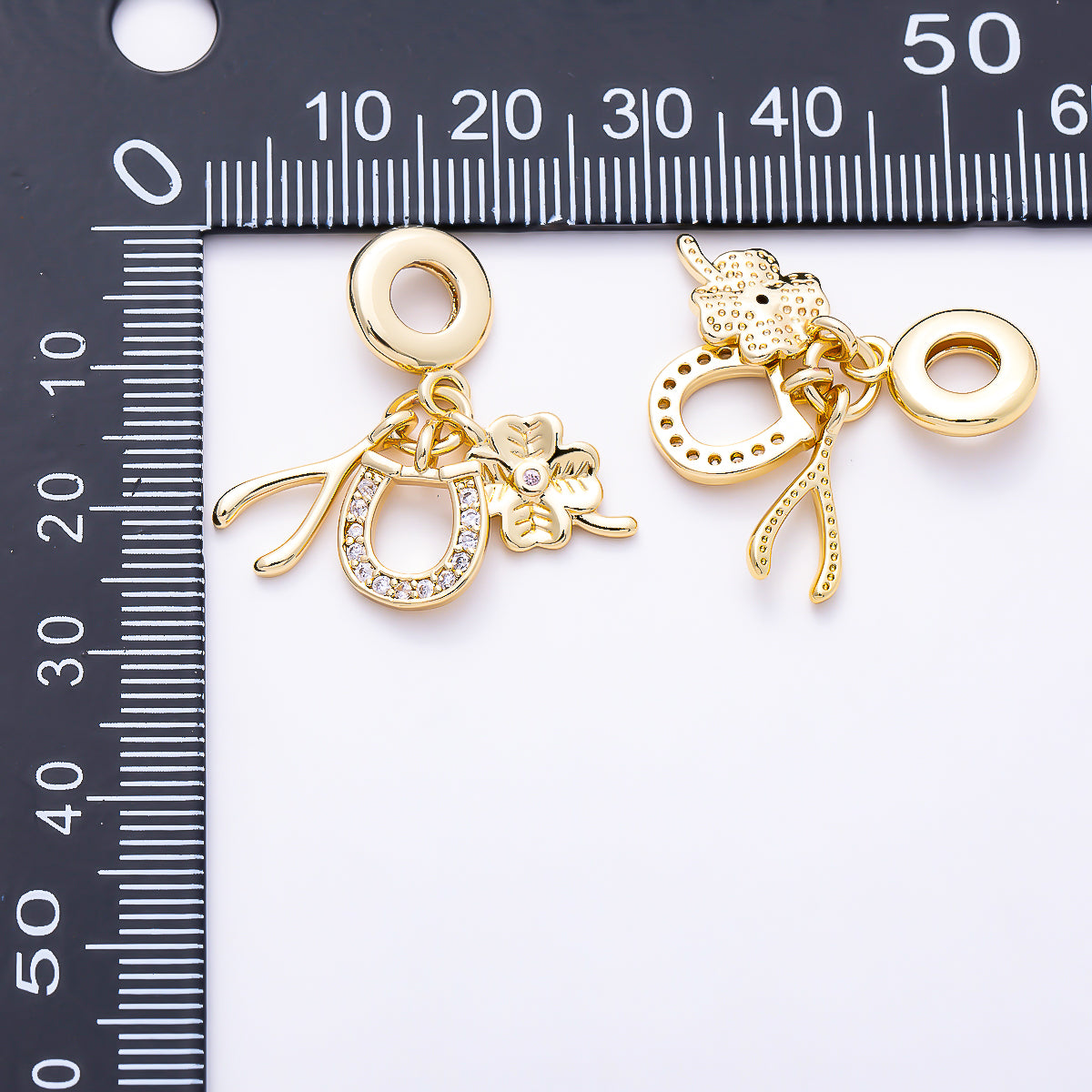 16K Gold Filled 15mm Micro Paved CZ Horseshoe Clover Wishbone Lucky Drop Rondelle Pendant in Gold & Silver | Charms-01512 - Charms-01513