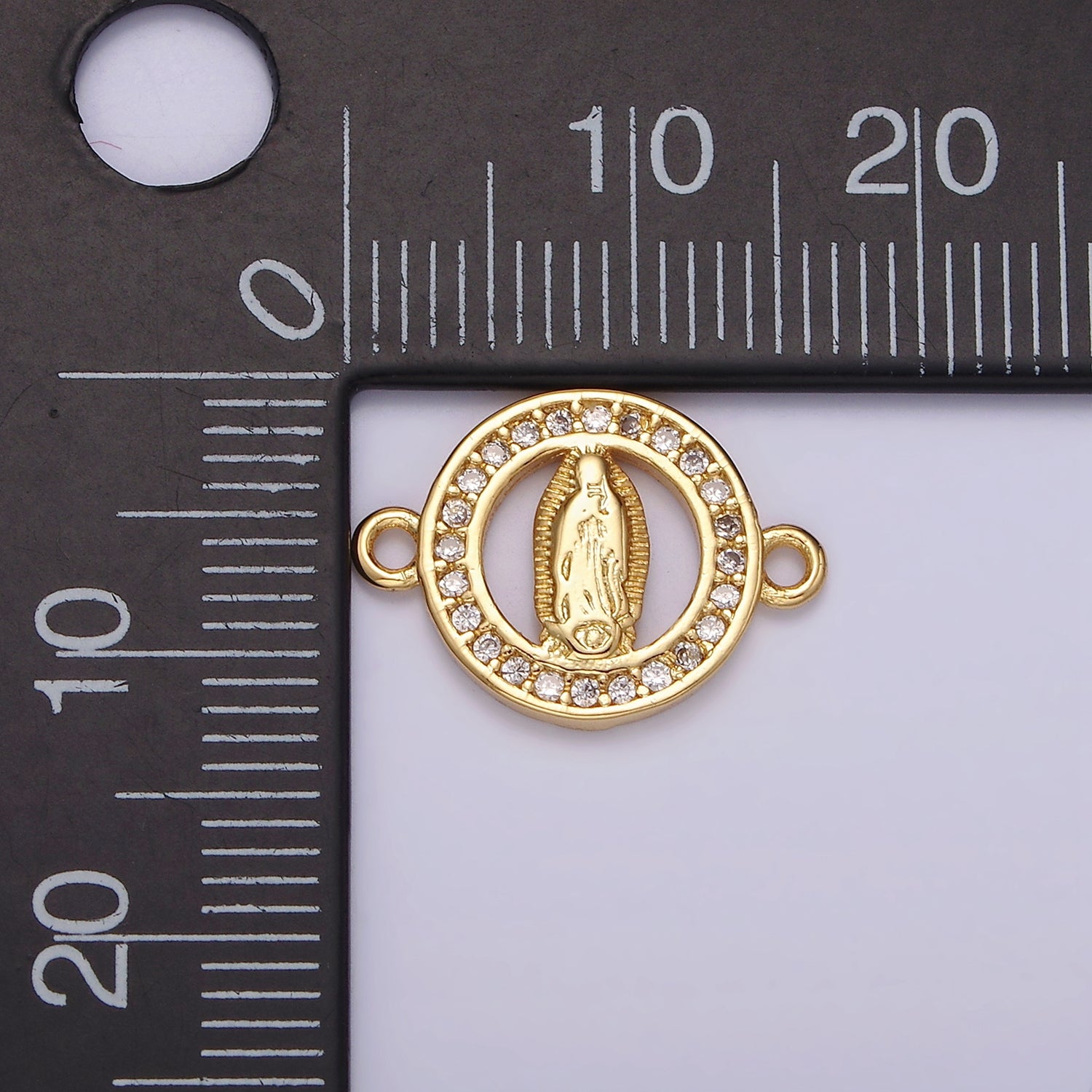 14K Gold Filled 12mm Mini Mary Lady Guadalupe Clear CZ Lined Open Round Connector | G722 - DLUXCA