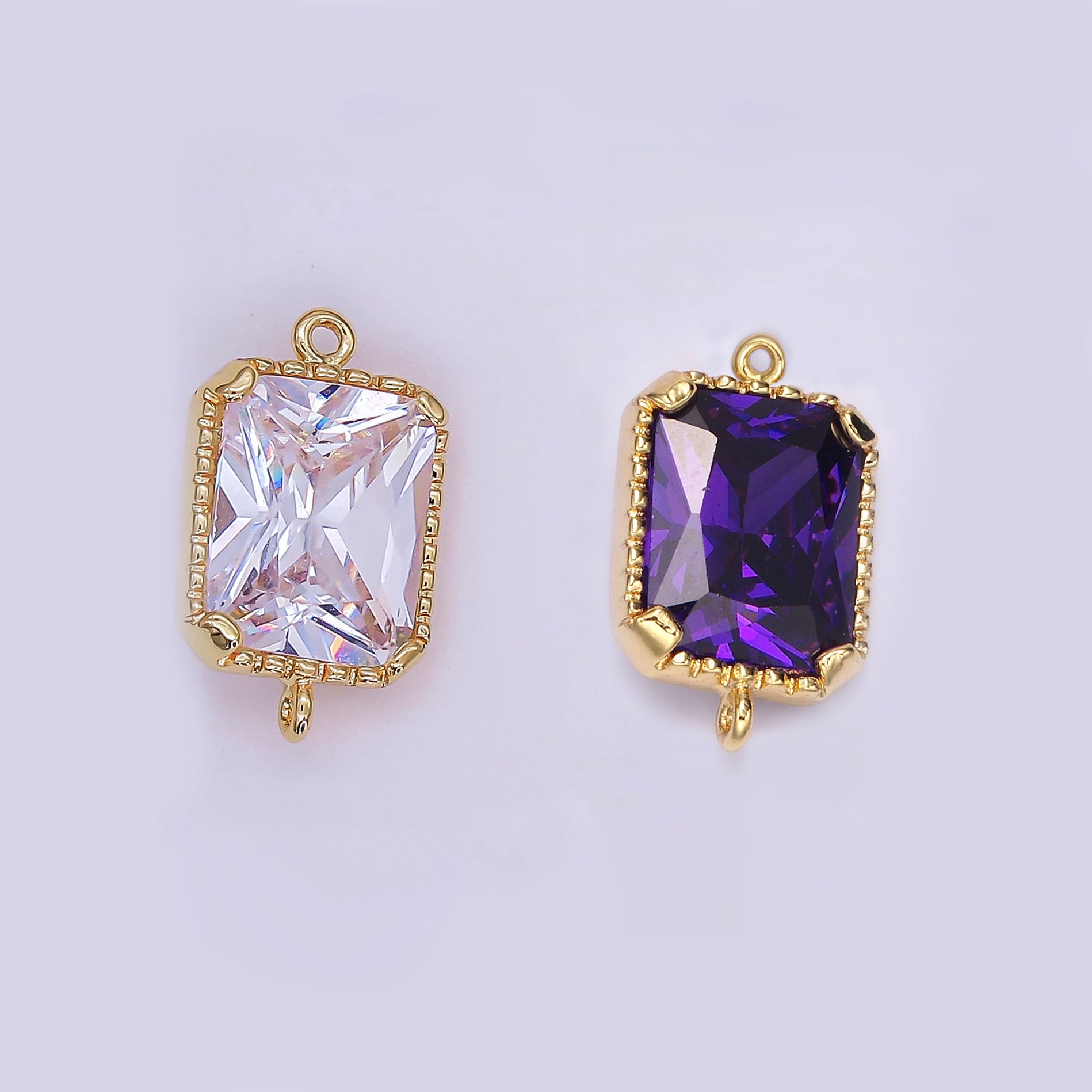 14K Gold Filled Clear, Purple CZ Multifaceted Baguette Bezel Connector | G814 G815