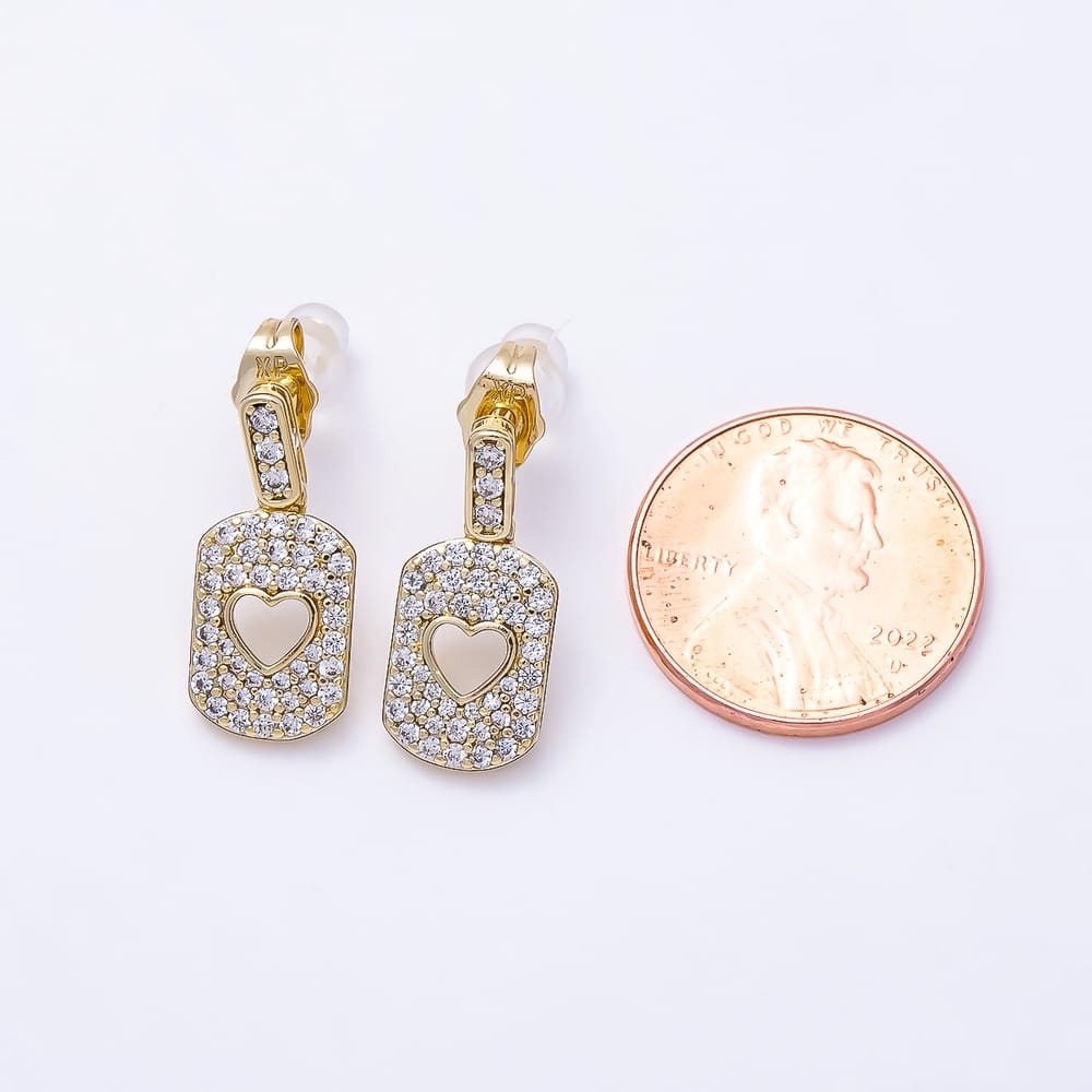 14K Gold Filled 19mm Open Heart Micro Paved CZ Tag  Rectangle Drop Stud | Earrings-01110