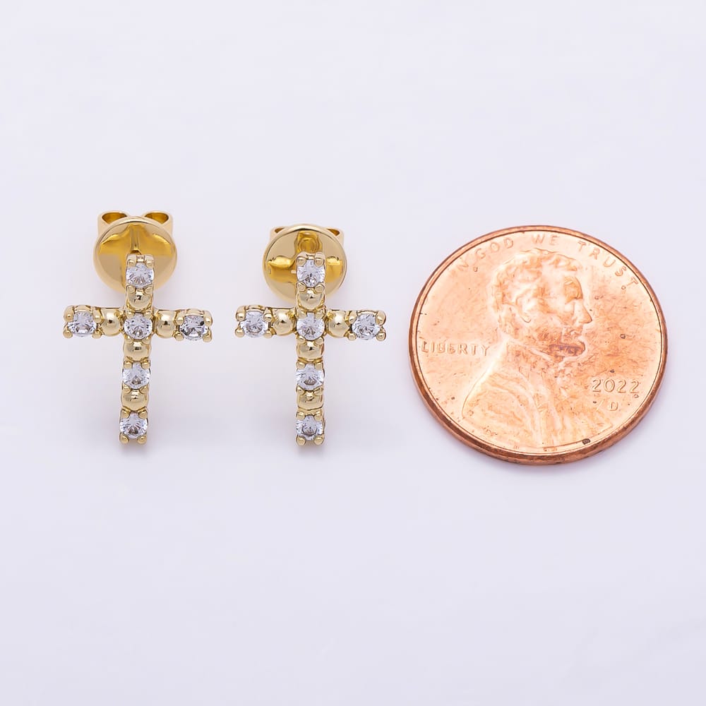 14K Gold Filled 15mm Clear CZ Round Bead Religious Cross Stud Earrings | Earrings-01149