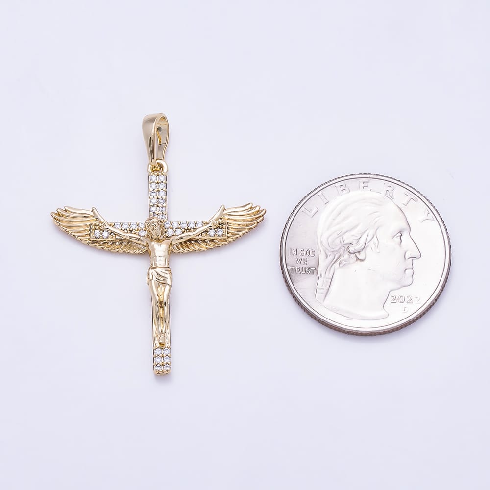 14K Gold Filled 32mm Clear Micro Paved CZ Angel Wings Crucifix Cross Religious Pendant | Charms-02259
