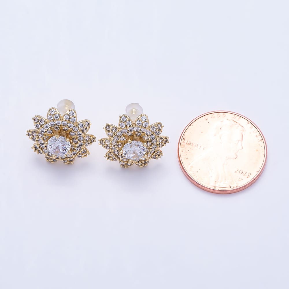16K Gold Filled 15mm Clear Micro Paved CZ Flower Stud Earrings | Earrings-01111
