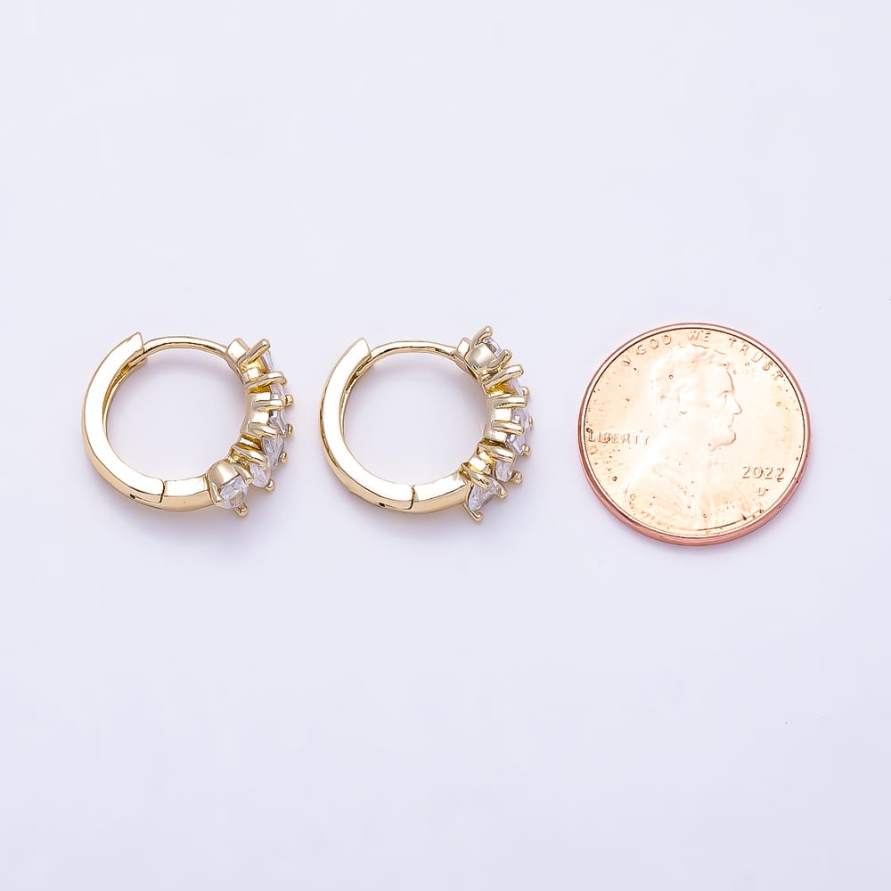 14K Gold Filled 15mm Clear CZ Teardrop Marquise Baguette Lined Huggie Earrings | Earrings-01115