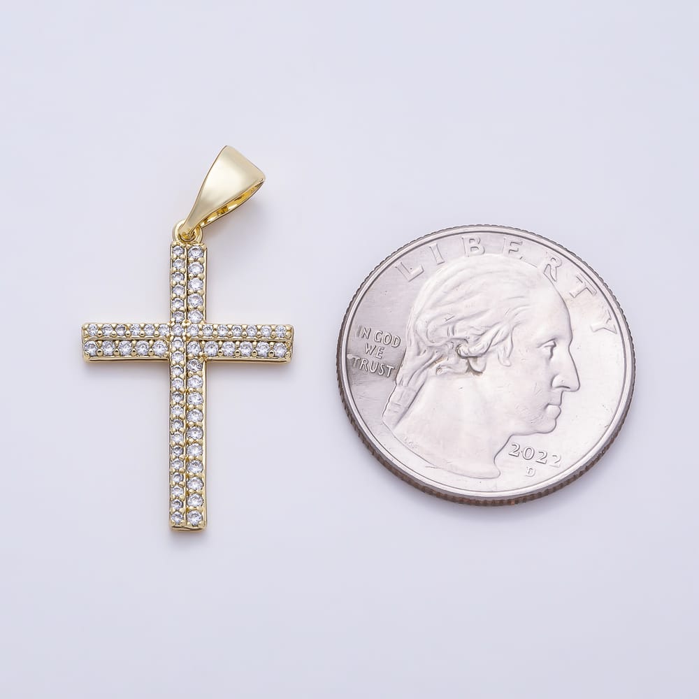 14K Gold Filled 27mm Double Row Micro Paved CZ Religious Cross Pendant | Charms-02258