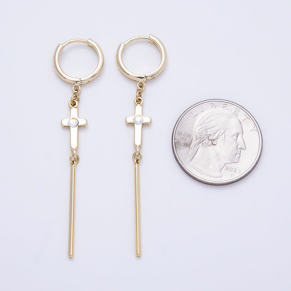 14K Gold Filled 60mm Iridescent AB, Clear CZ Religious Cross Bar Drop Huggie Earrings | Earrings-00648