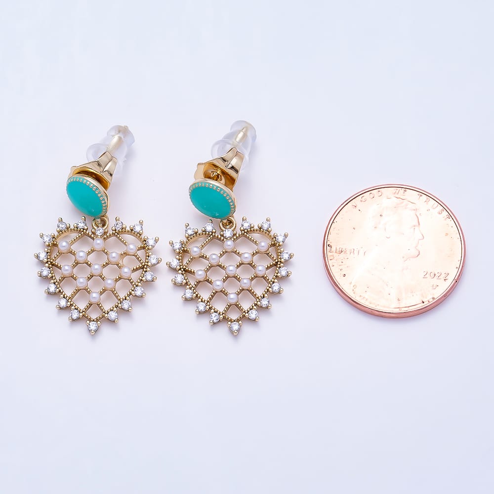 14K Gold Filled 24mm Clear CZ Shell Pearl Open Heart Turquoise Enamel Round Drop Stud Earrings | Earrings-01112