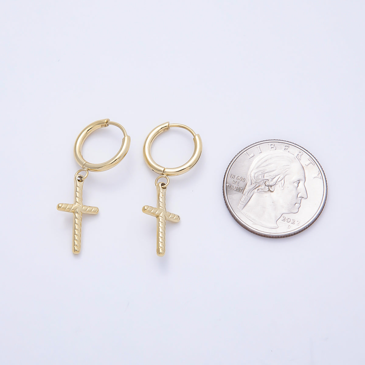 14K Gold Filled 35mm Ribbed Religious Cross Drop Huggie Earrings | Earrings-00647
