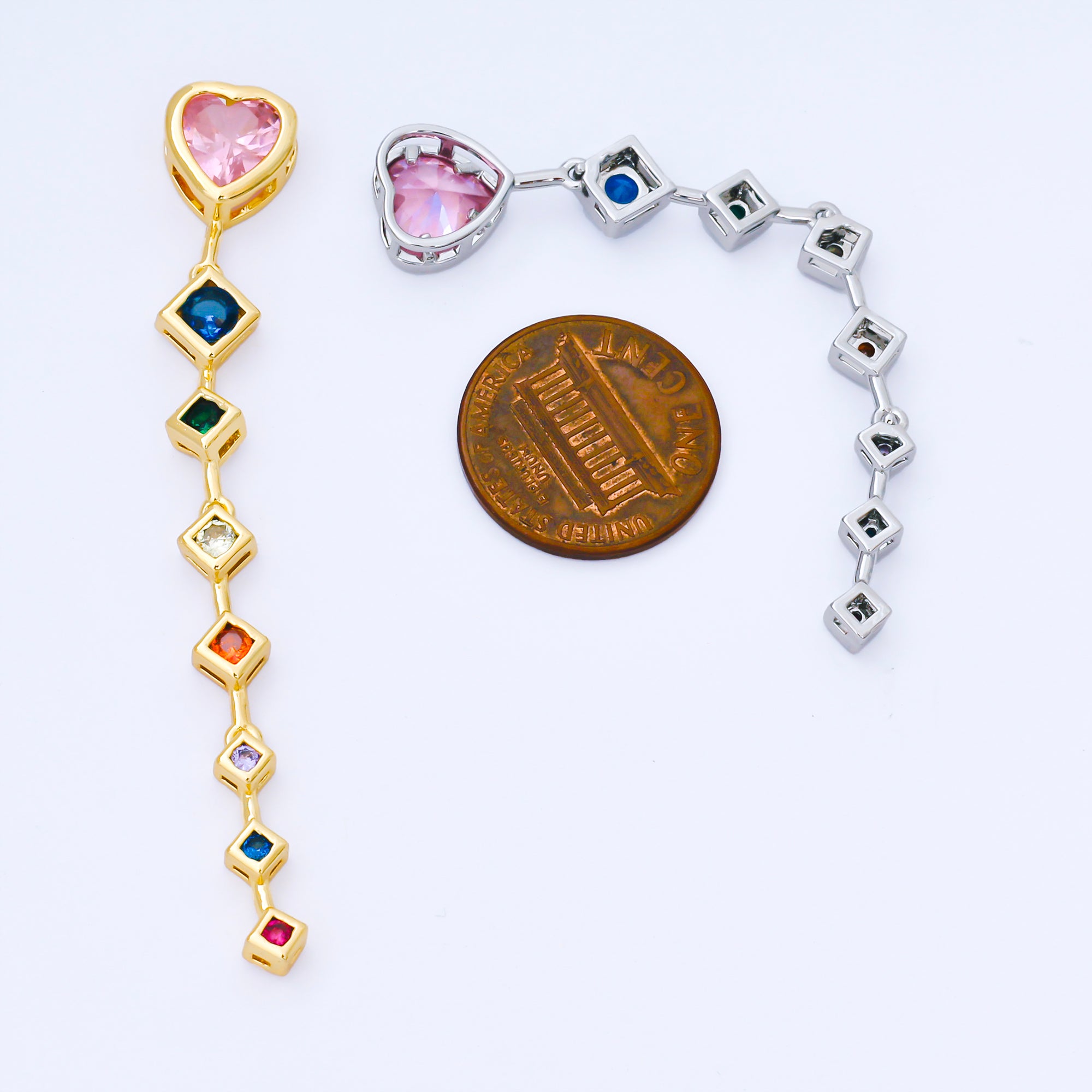 14K Gold Filled Heart Rhombus Multicolor CZ Drop Bead in Gold & Silver | B481