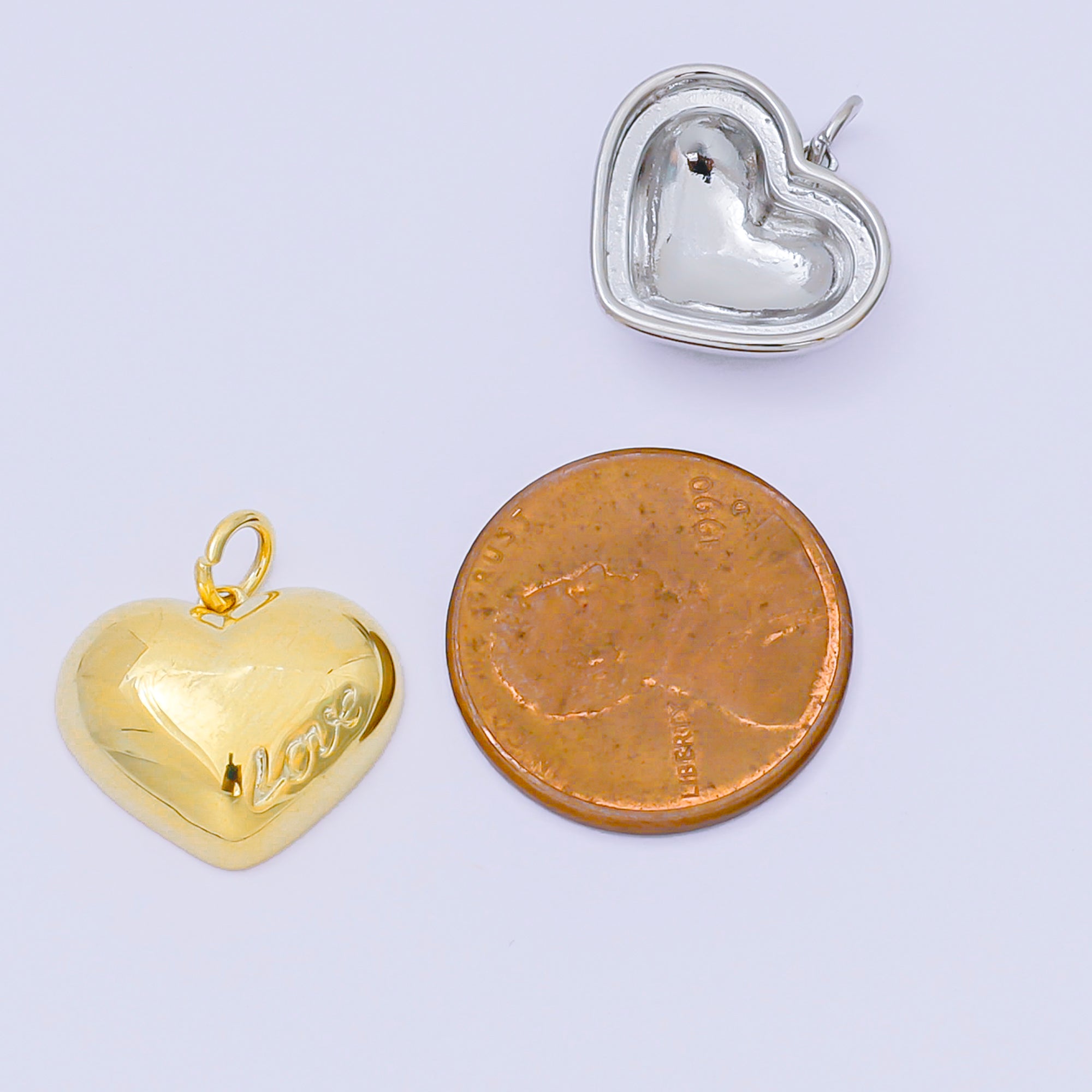 14K Gold Filled 14mm "Love" Italics Engraved Heart Charm in Gold & Silver | M570
