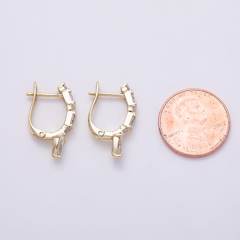 14K Gold Filled 21.5mm Clear CZ Round Baguette Heart Drop English Lock Hoop Earrings | Earrings-01130