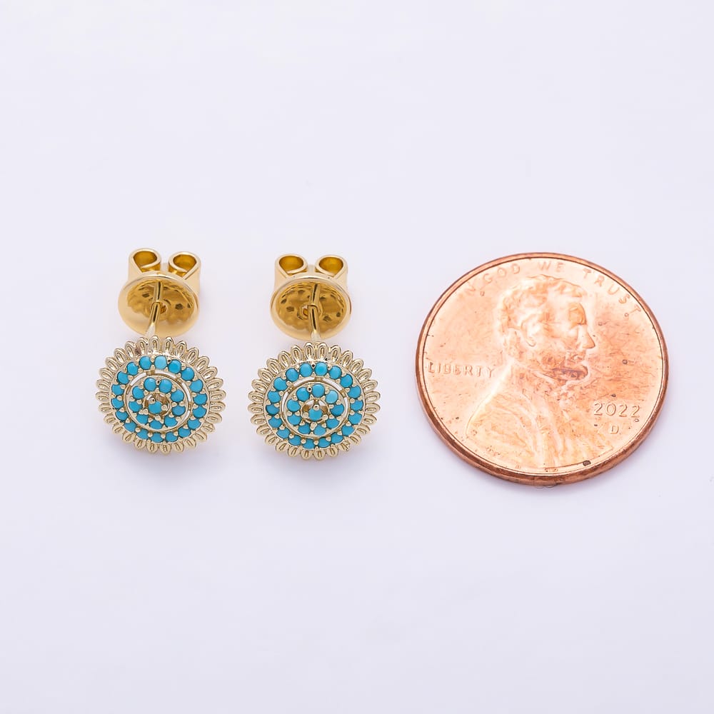14K Gold Filled 14mm Micro Paved Turquoise Gemstone Circular Circle Round Stud Earrings | Earrings-01122