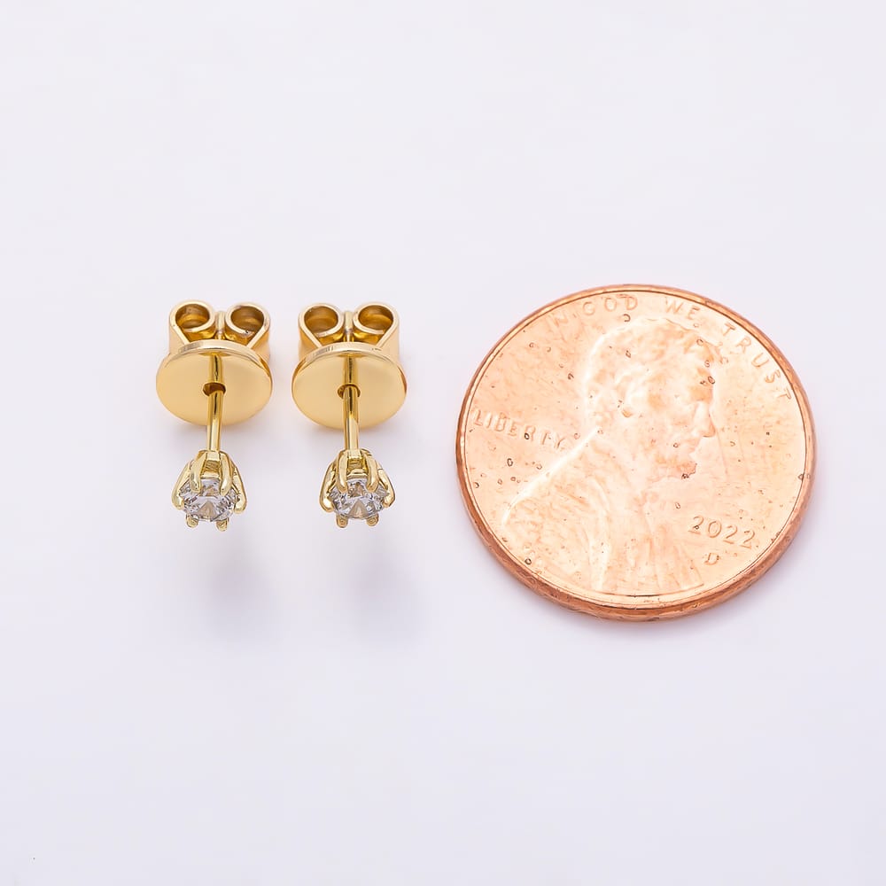 14K Gold Filled 3mm Black, Clear CZ Round 6-Prong Solitaire Mini Stud Earrings | Earrings-01188