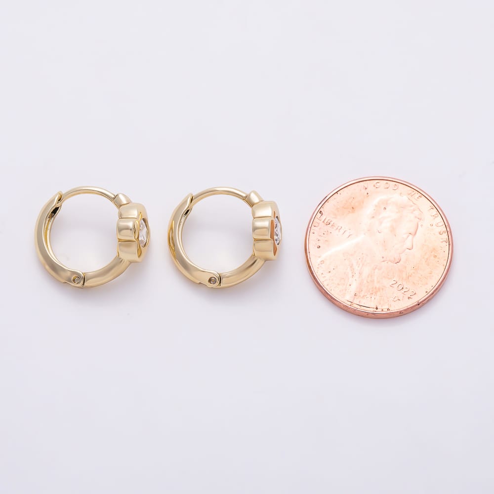 14K Gold Filled 13mm Clear CZ Round Bezel Flower Huggie Earrings | Earrings-01128
