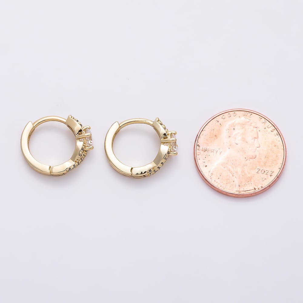 14K Gold Filled 12mm Clear Round Micro Paved CZ Twist Solitaire Huggie Earrings | Earrings-01125