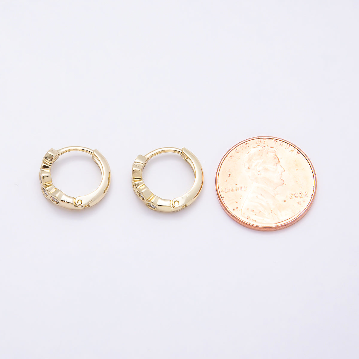 16K Gold Filled 13mm Clear CZ Hexagonal Bezel Huggie Earrings | Earrings-00430