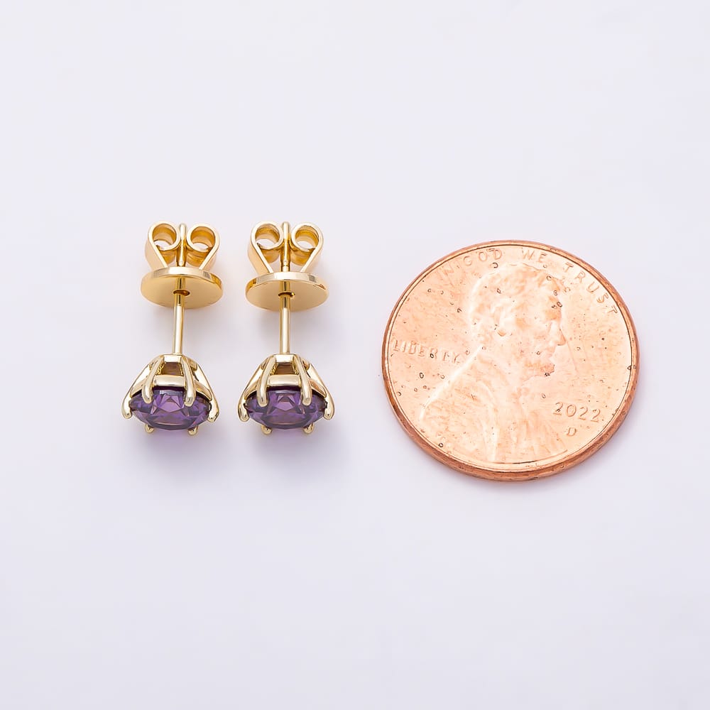 14K Gold Filled 7mm Red, Purple, Clear Round CZ 6-Prong Solitaire Stud Earrings | Earrings-01184