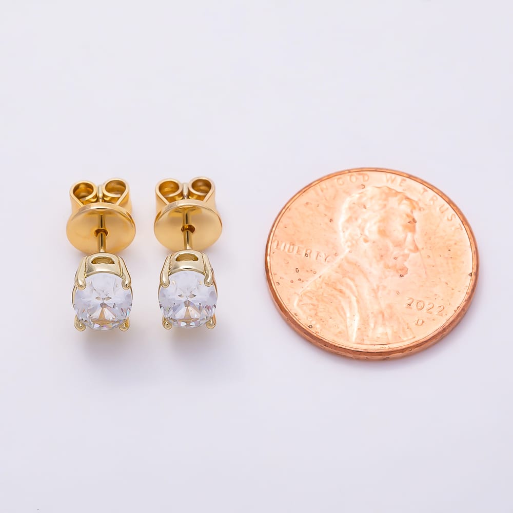 14K Gold Filled 7mm Clear CZ Oval 4-Prong Solitaire Stud Earrings | Earrings-01183