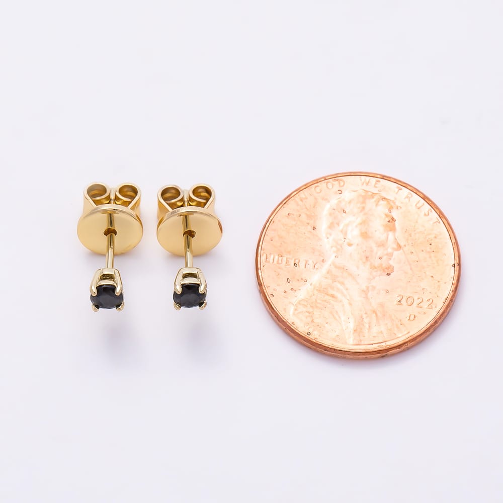 14K Gold Filled 4mm Black Round CZ Prong Solitaire Mini Stud Earrings | Earrings-01190