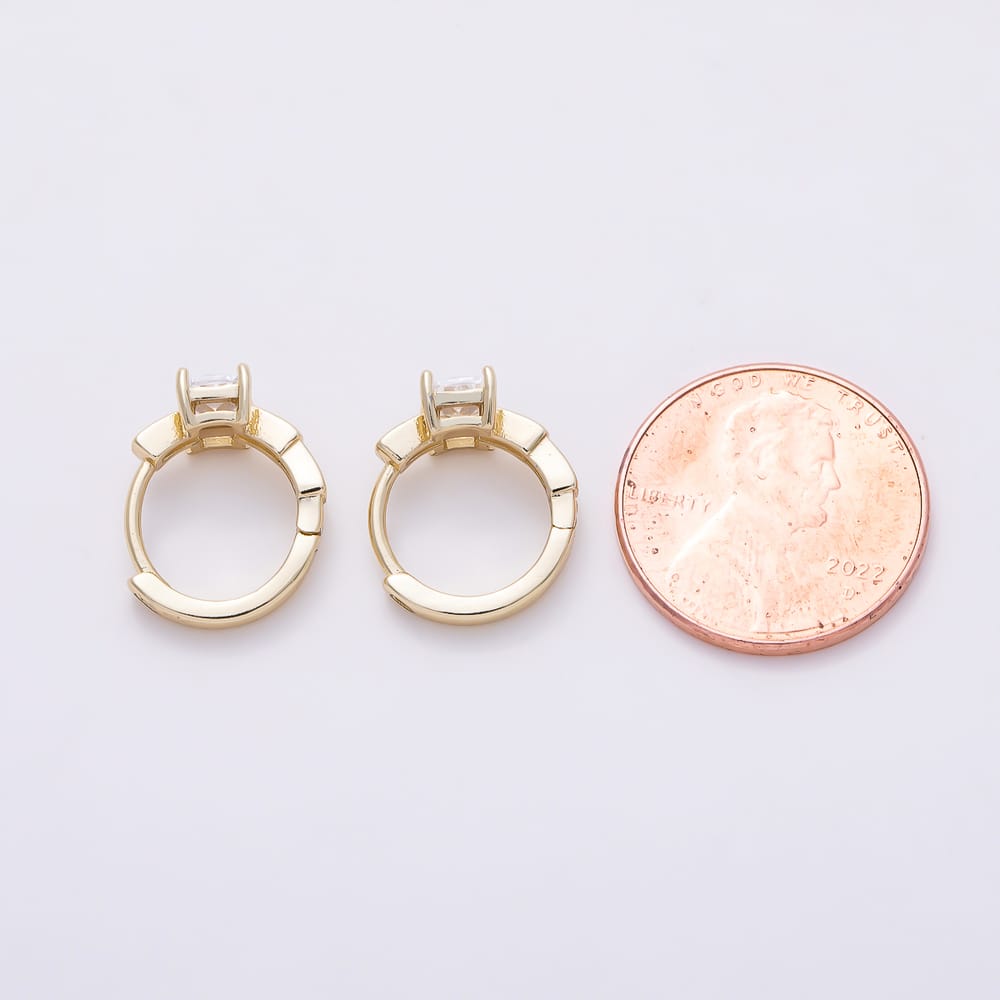 14K Gold Filled 12mm Clear Baguette Micro Paved CZ Solitaire Huggie Earrings | Earrings-01131