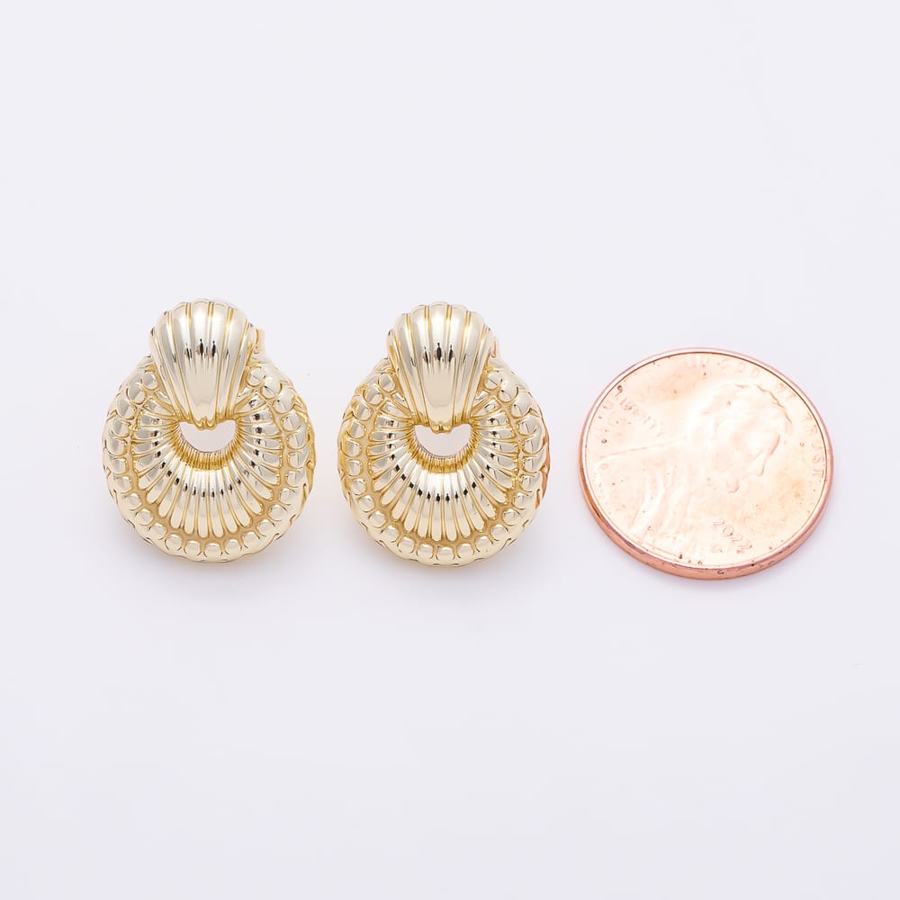 14K Gold Filled 20mm Ribbed Lined Circular Geometric Door Knocker Drop Stud Earrings | Earrings-01134