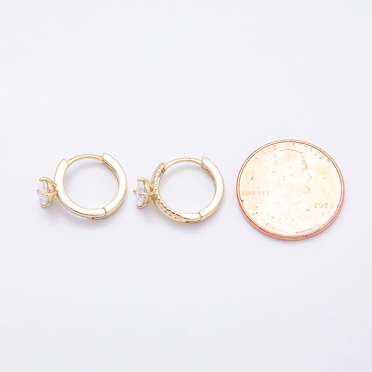 16K Gold Filled 12mm Clear Oval CZ Solitaire Half Croissant Cartilage Huggie Earrings | Earrings-00448