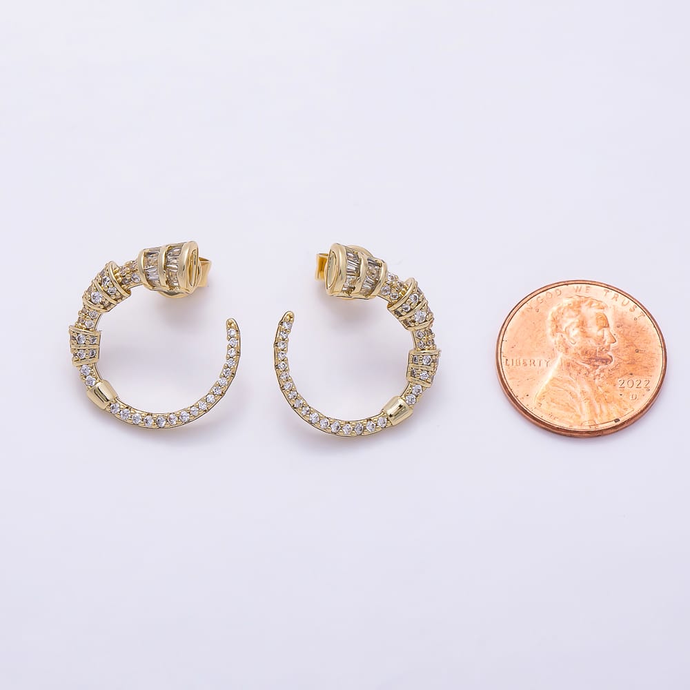 14K Gold Filled 20mm Baguette Micro Paved CZ Geometric Curved Circular Stud Earrings | Earrings-00909