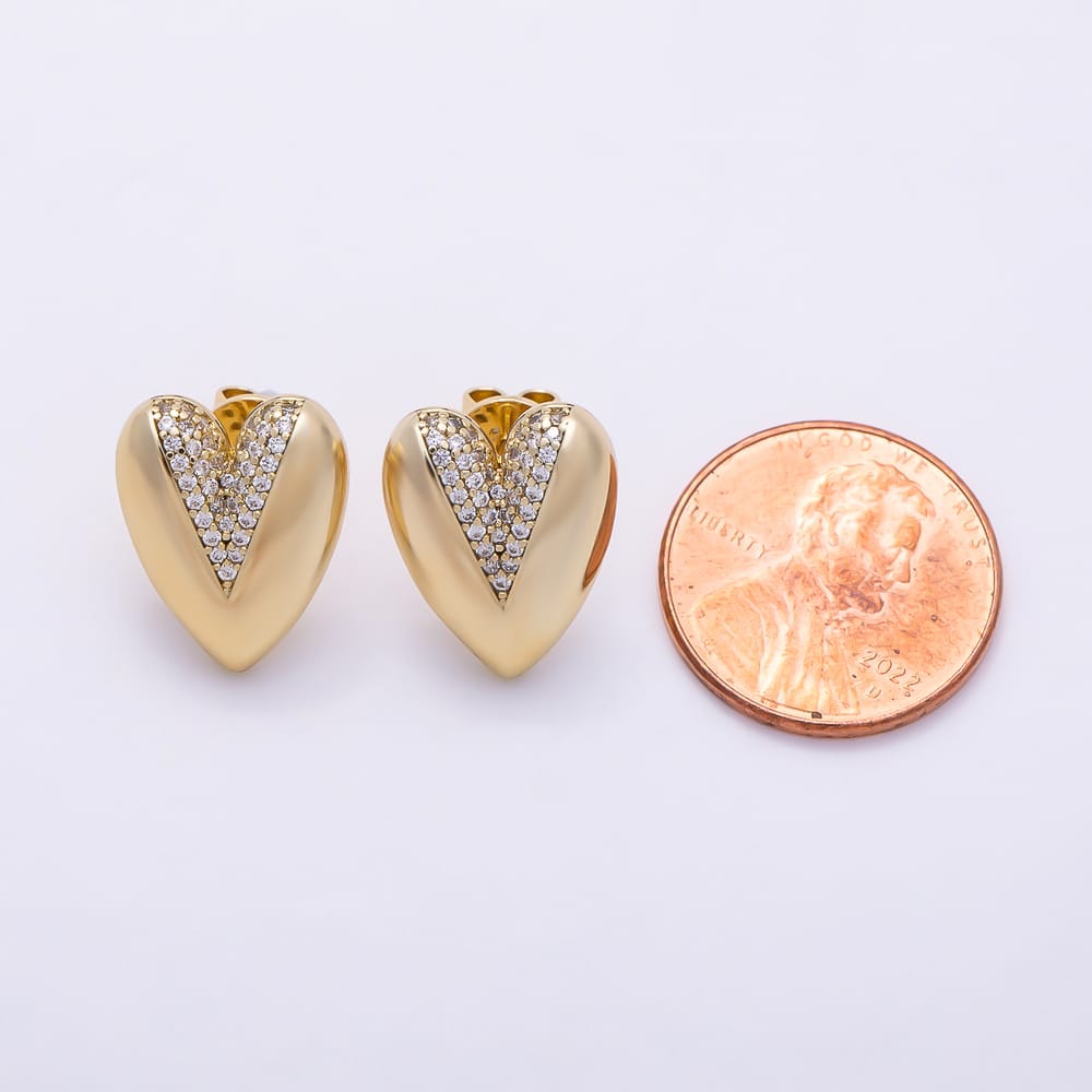 14K Gold Filled 16mm Micro Paved CZ Dome Chubby Heart Stud Earrings | Earrings-01123