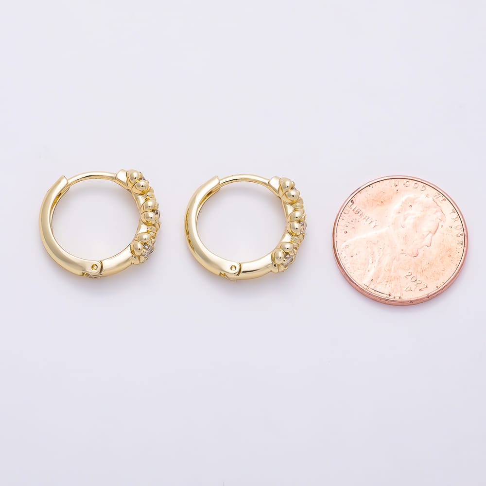 14K Gold Filled 15mm Clear Round CZ Triple Flower Huggie Earrings | Earrings-01126