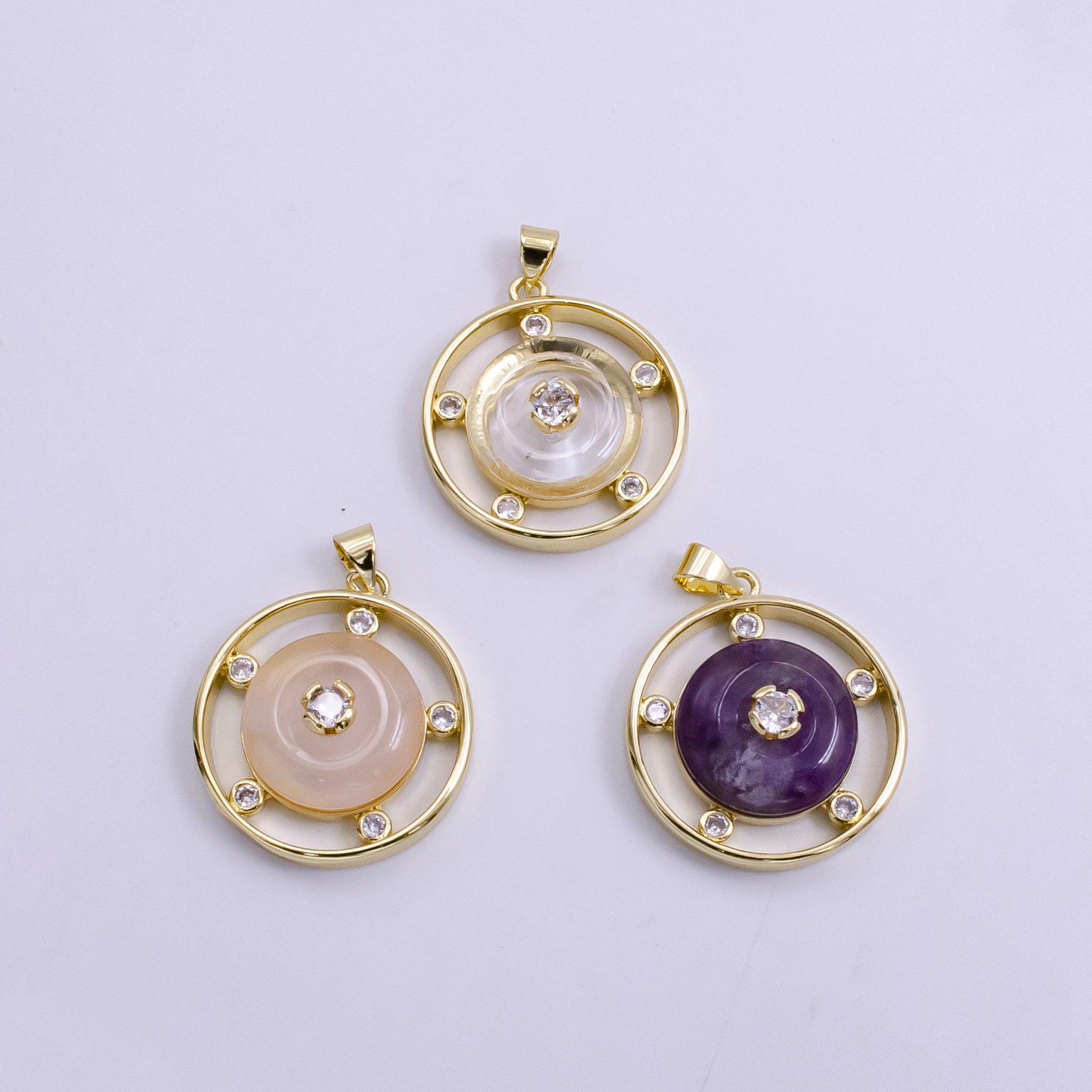 14K Gold Filled Clear Quartz, Rose Quartz, Amethyst Multiple CZ Open Round Pendant | AH055 - AH057