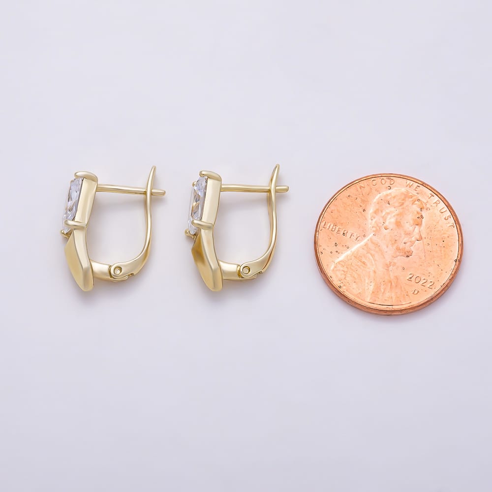 14K Gold Filled 17mm Clear Baguette CZ Edged Geometric English Lock Hoop Earrings | Earrings-01208