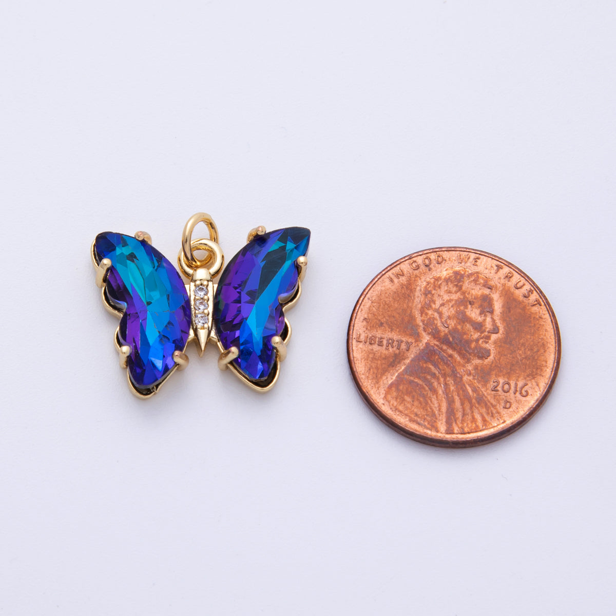 14K Gold Filled 15mm Blue Acrylic Micro Paved CZ Butterfly Charm | E848