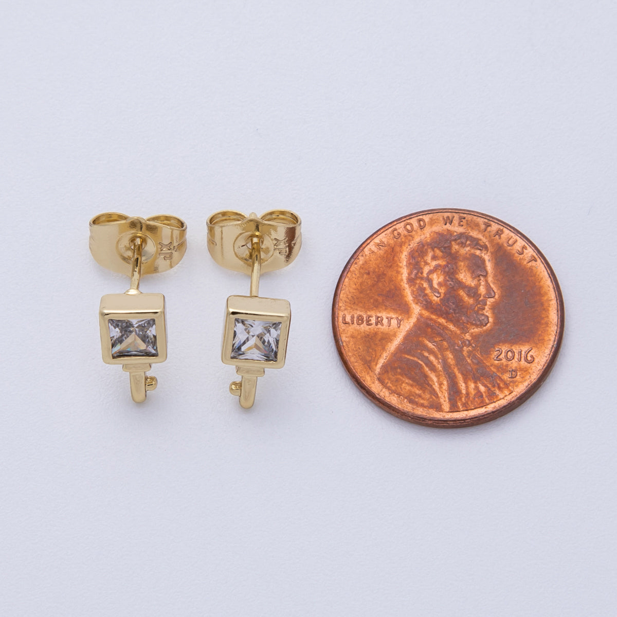 14K Gold Filled 15mm Clear CZ Baguette Square Key Stud Earrings | Earrings-020029