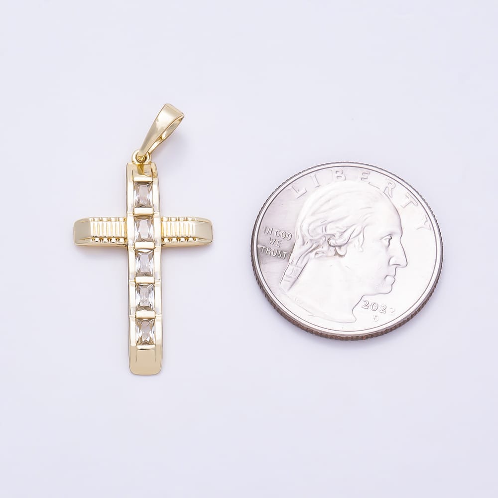 14K Gold Filled 30mm Baguette CZ Ribbed Edged Textured Geometric Religious Cross Pendant | Charms-02185