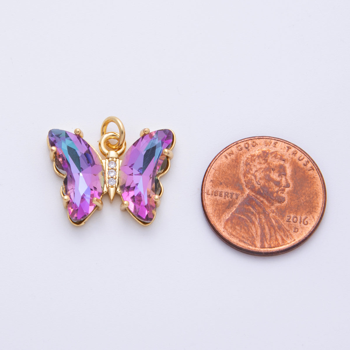14K Gold Filled 15mm Violet Acrylic Micro Paved CZ Butterfly Charm | E848