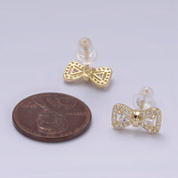 14K Gold Filled Bow Ribbon Micro Paved Stud Earrings in Gold & Silver | V267 V268 - DLUXCA