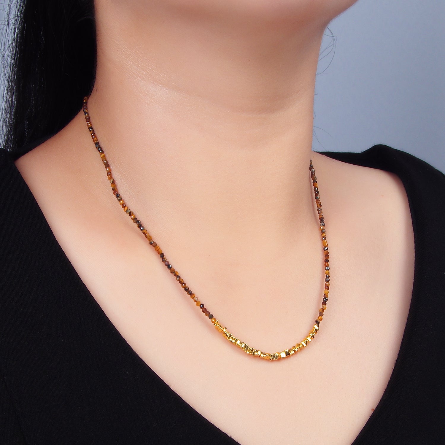 14K Gold Filled Multifaceted Tiger Eye Gemstone Irregular Bead 16 Inch Necklace | WA-2648