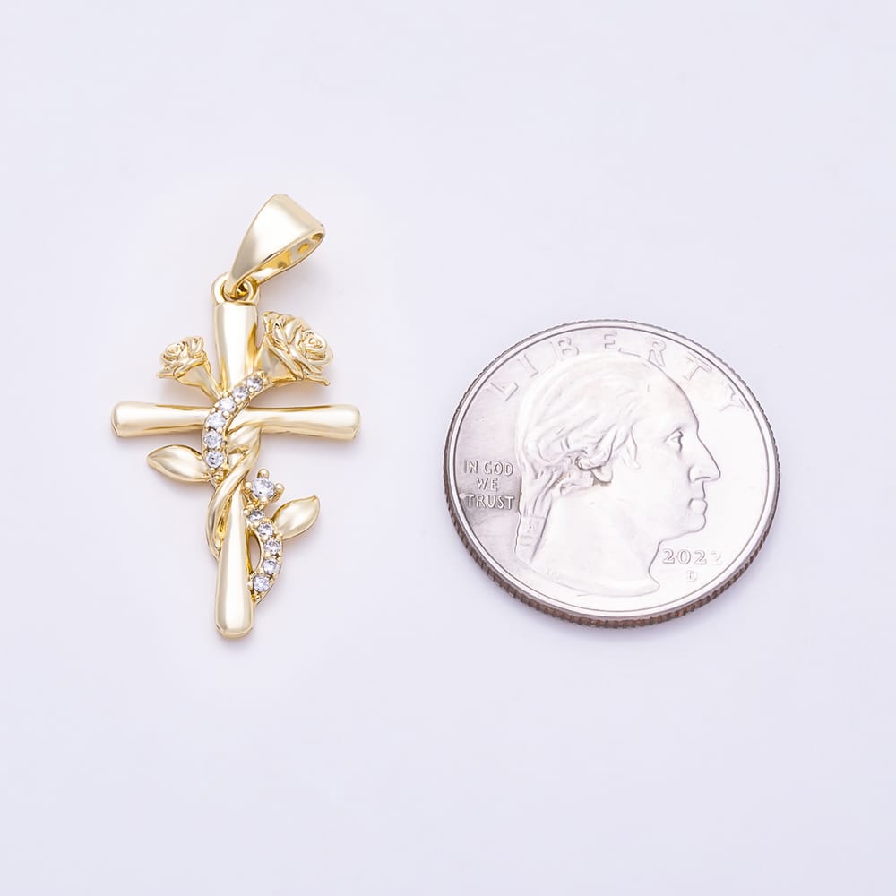 14K Gold Filled 29mm Micro Paved CZ Rose Flower Cross Religious Pendant | Charms-02190