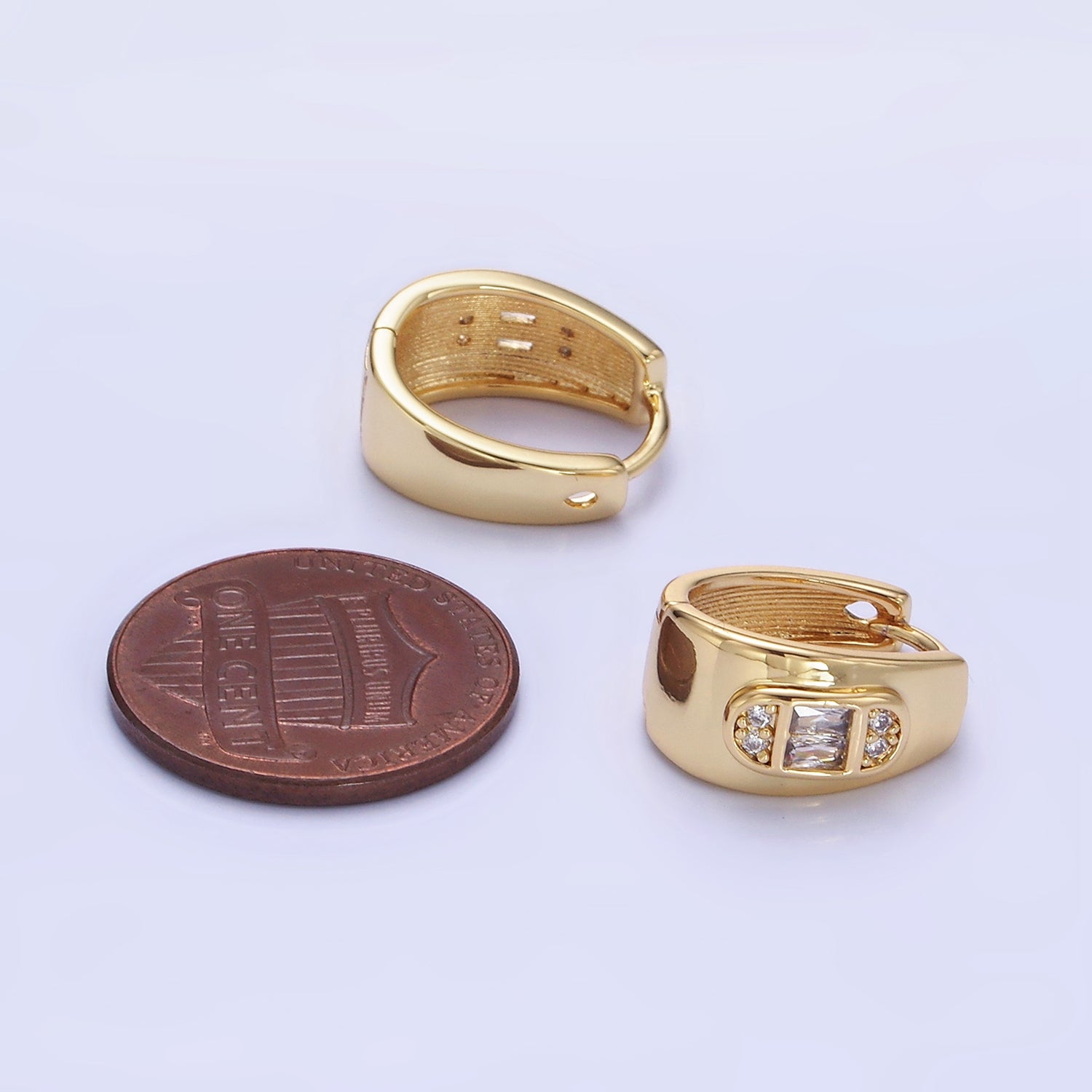 14K Gold Filled 15mm Baguette CZ Oblong Dome Hoop Earrings | P496