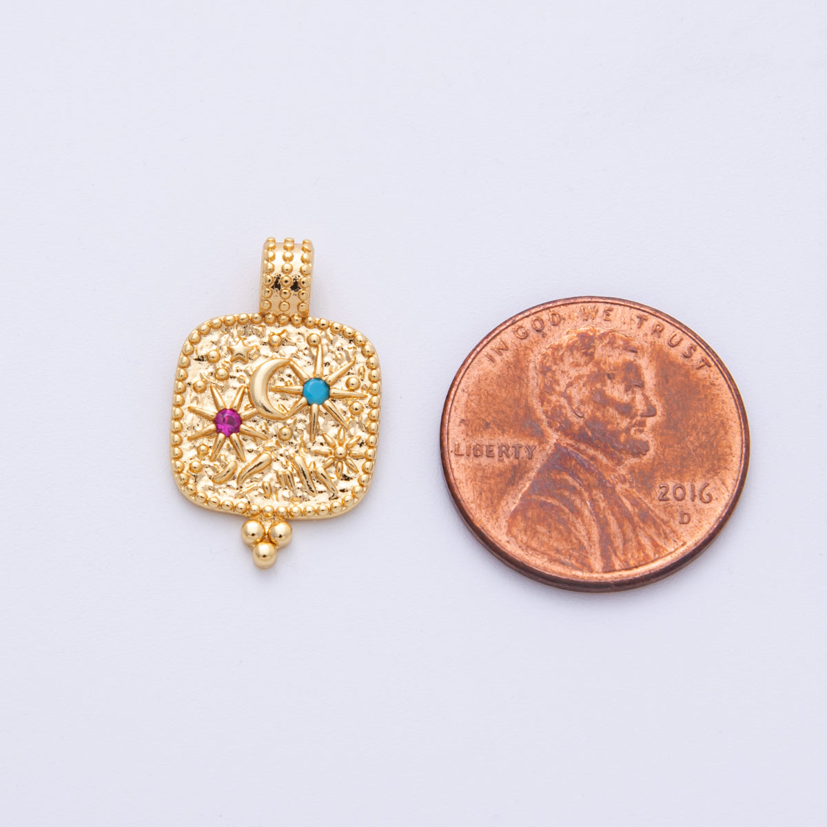 14K Gold Filled 21mm Colorful Moon And Star CZ Celestial Textured Pendant | CHARMS-00077