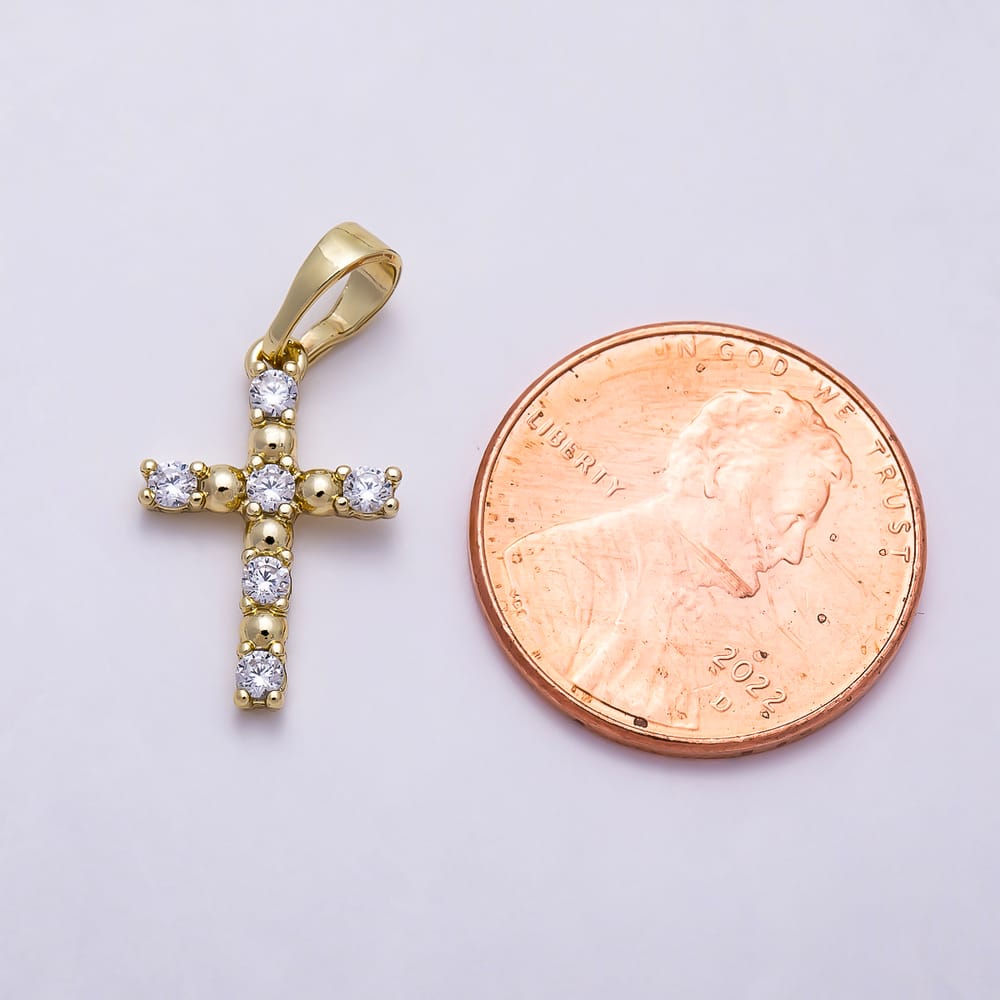 14K Gold Filled 16mm Clear CZ Round Bead Religious Cross Pendant | Charms-02186