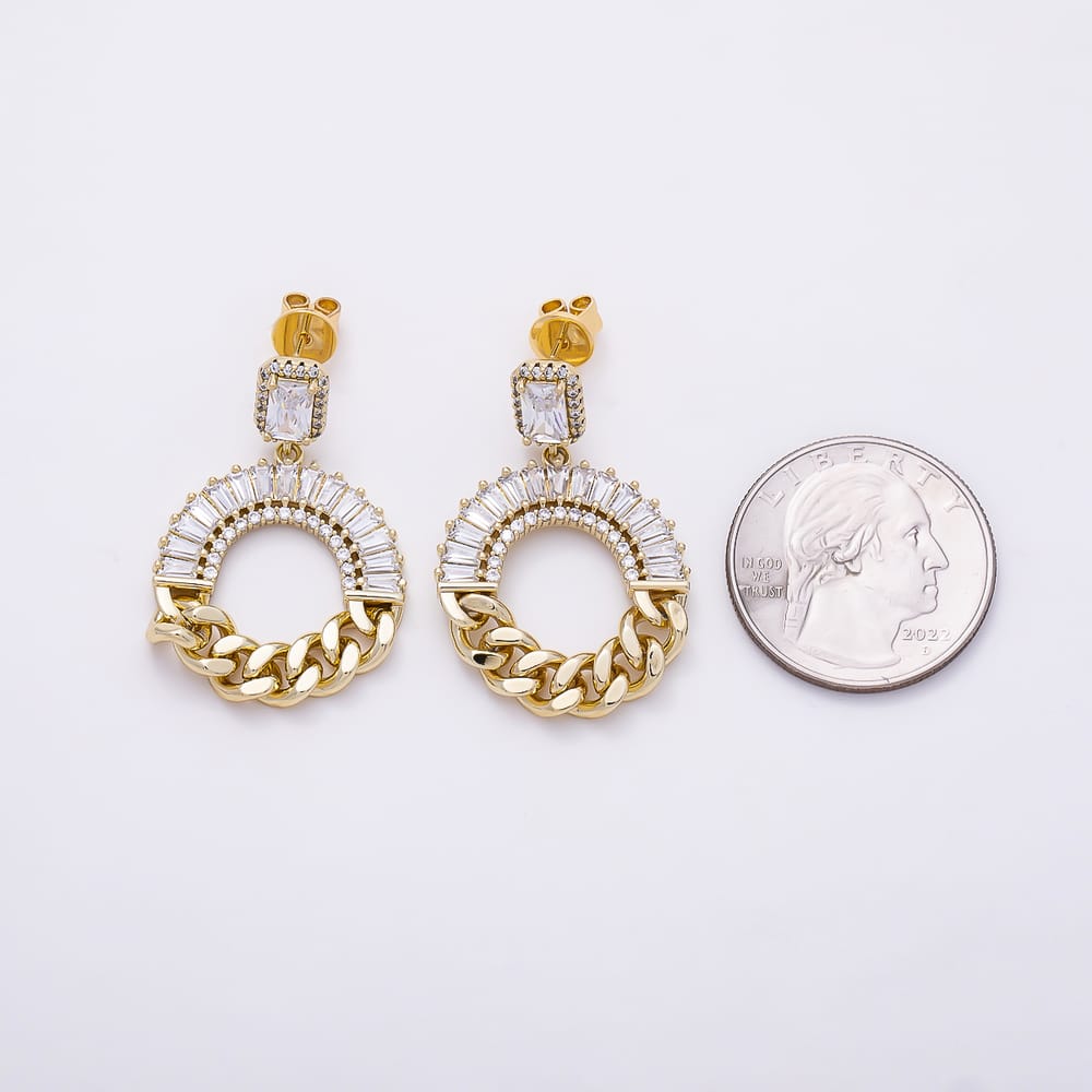 14K Gold Filled 35mm Clear Baguette CZ Curb Chain Round Drop Stud Earrings | Earrings-01214