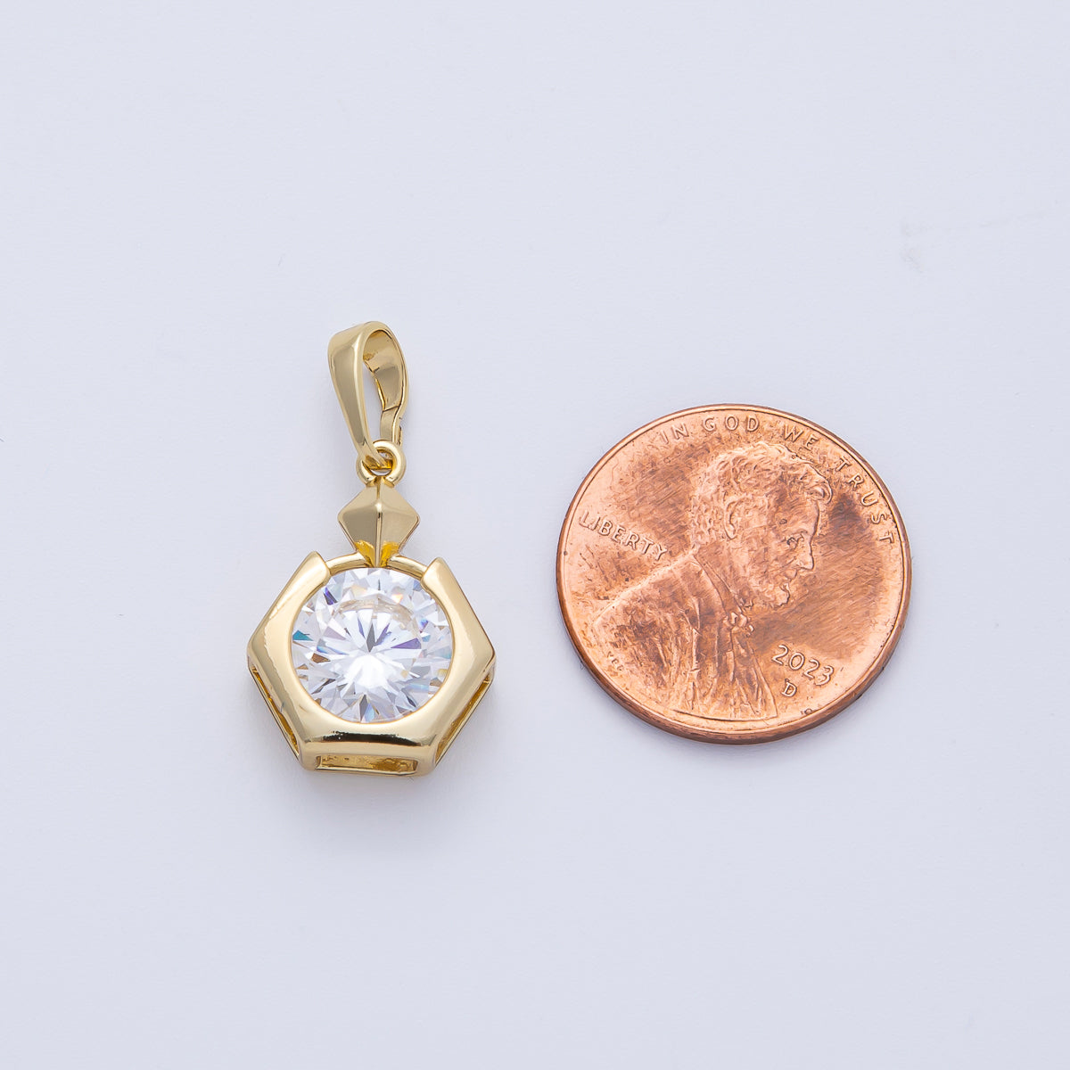 14K Gold Filled 18mm Clear CZ Round Hexagon Pendant | Charms-00083
