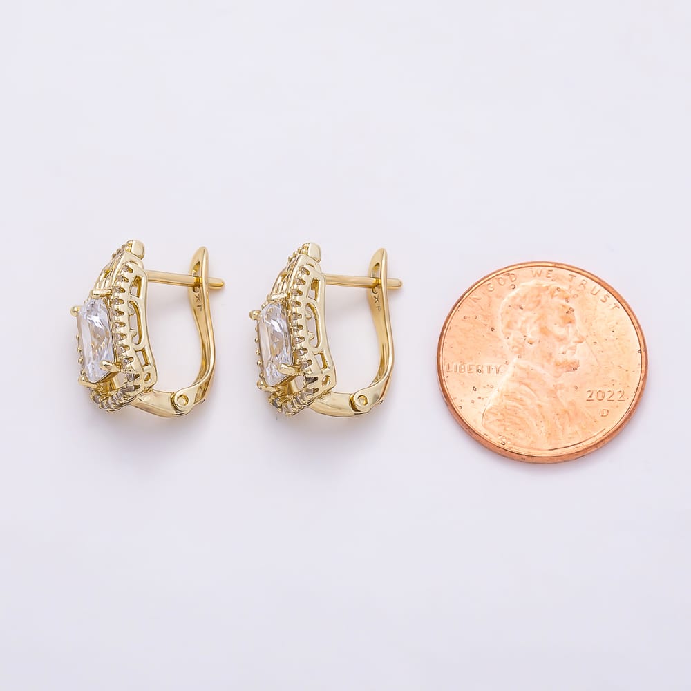 14K Gold Filled 15mm Baguette Micro Paved CZ Geometric English Lock Hoop Earrings | Earrings-01207