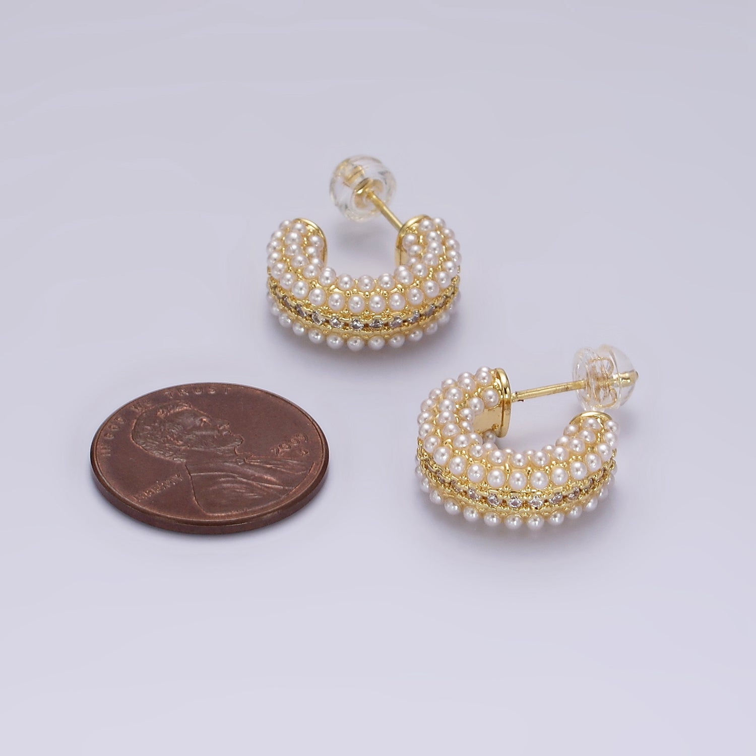 14K Gold Filled Multiple Pearl Micro Paved CZ 15mm C-Shaped Hoop Earrings in Gold & Silver | V-259 V-260 - DLUXCA