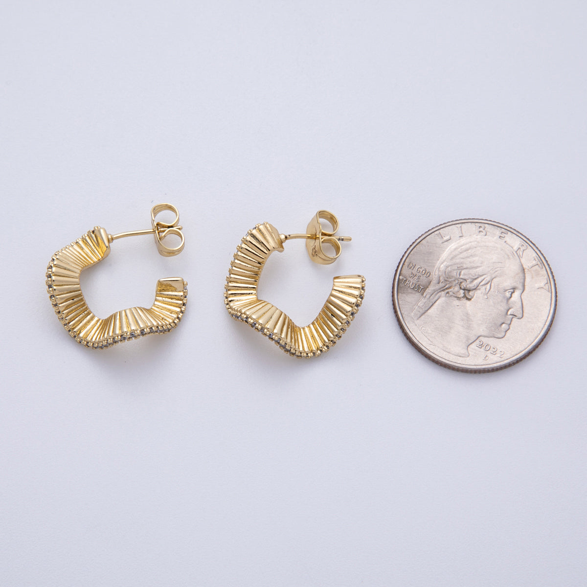 14K Gold Filled 23mm Micro Paved CZ Ribbed Wave C-Shaped Hoop Earrings | Earrings-020028