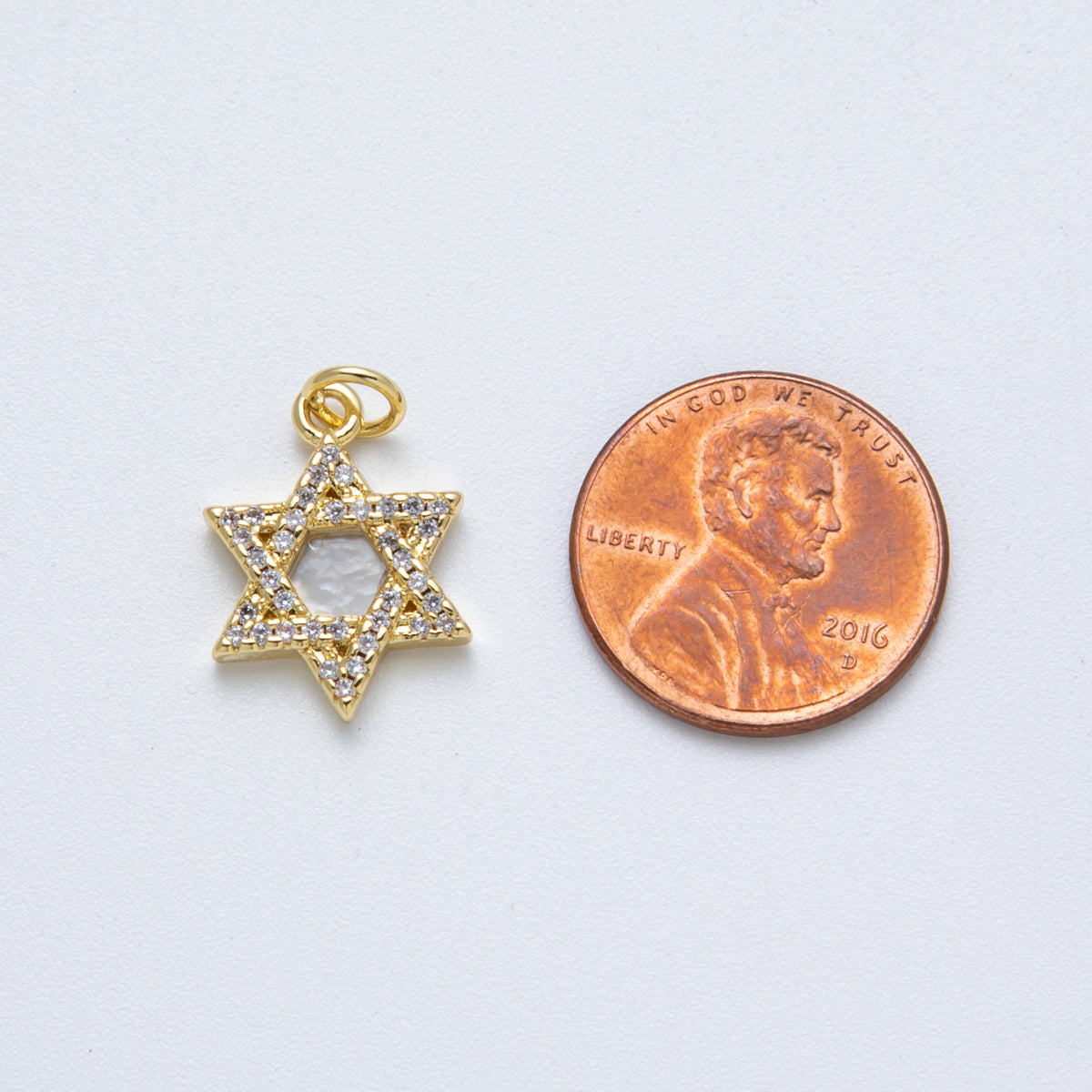 14K Gold Filled 18mm Star of David Shell Pearl Micro Paved CZ Religious Charm | Charms-00018