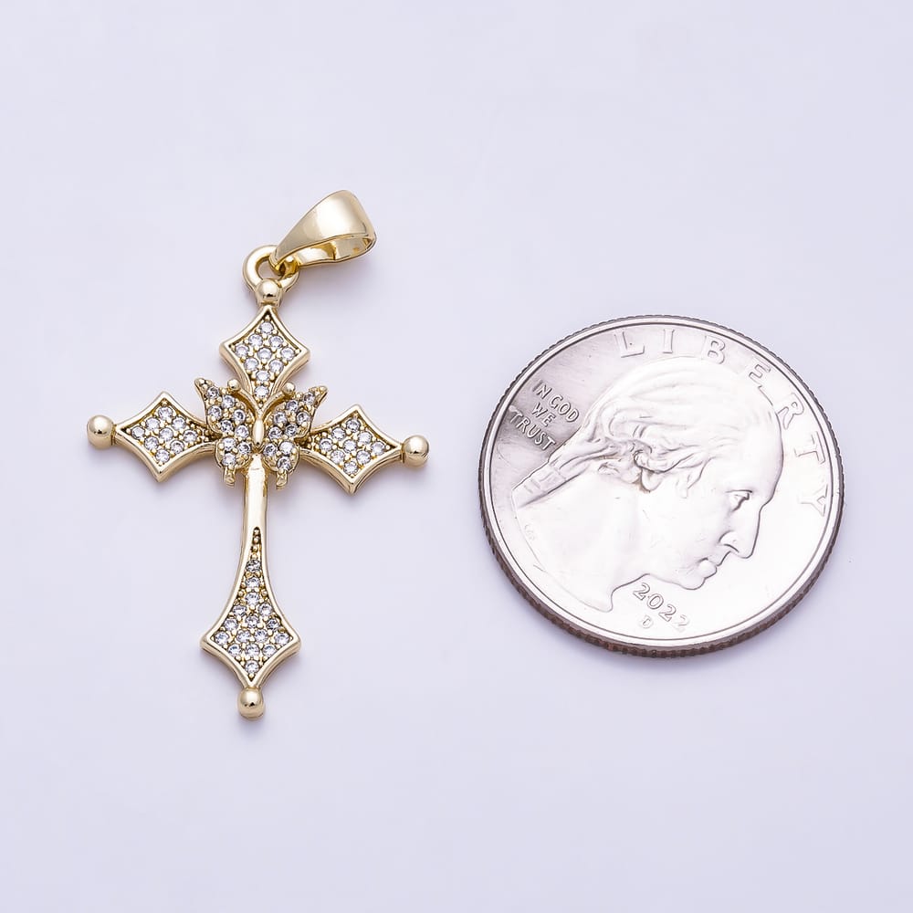 14K Gold Filled 33mm Micro Paved CZ Rhombus Butterfly Passion Cross Religious Pendant | Charms-02187