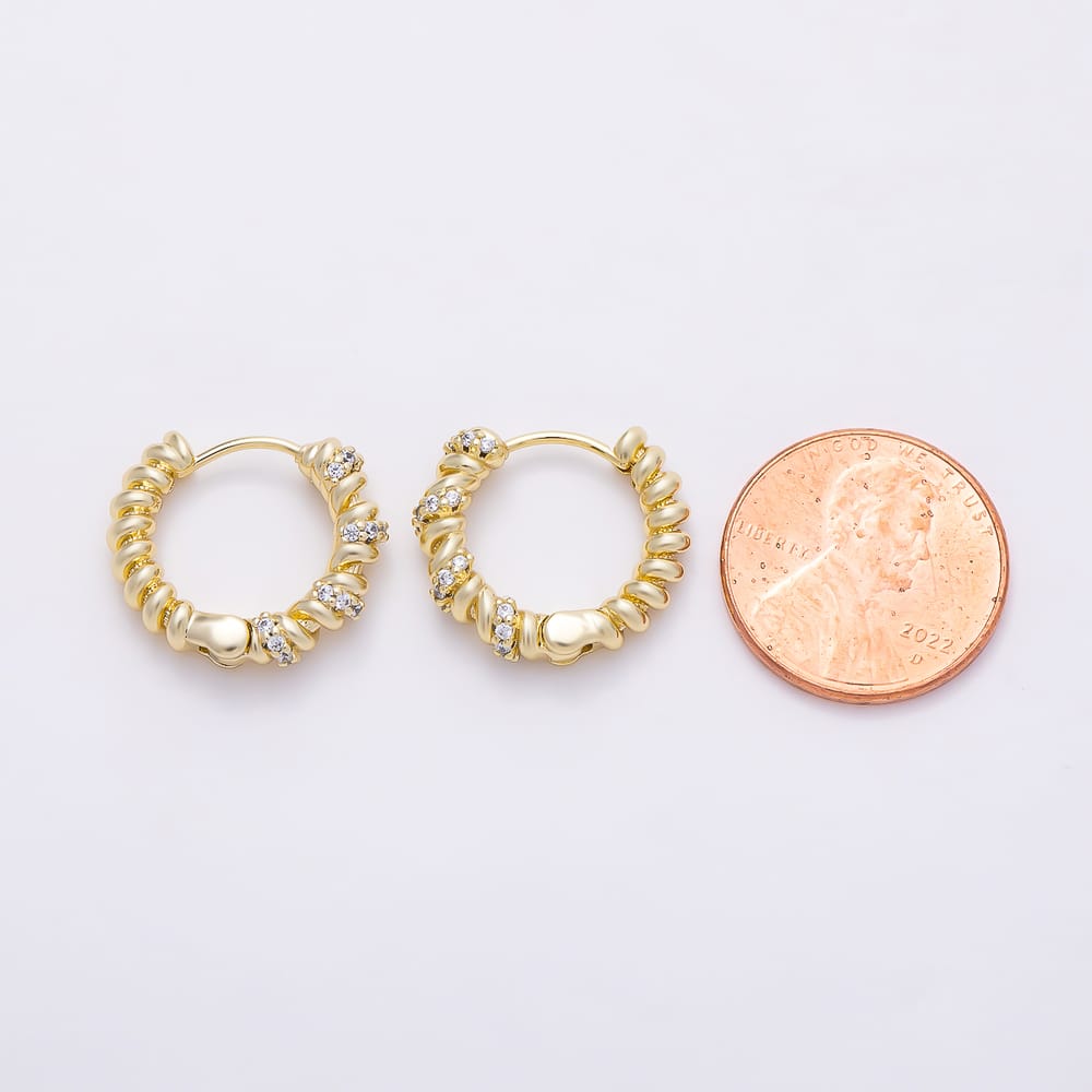 14K Gold Filled 15mm Micro Paved CZ Twisted Coil Huggie Hoop Earrings | Earrings-01211